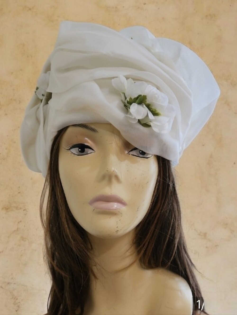 Bellini Originals Off White Floral Draped Turban‎ Hat - Made USA Church Tea